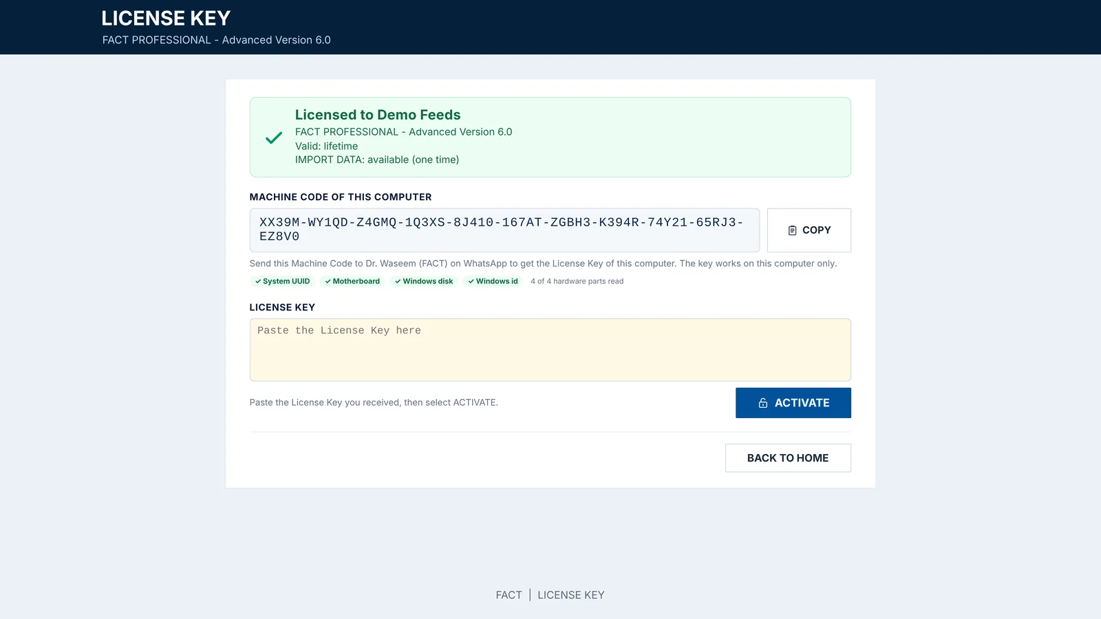 The FACT License Key screen (demo)